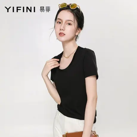 Yifini/易菲圆领短袖含真丝上衣女宽松显瘦棉质纯色T恤夏季新款商品大图