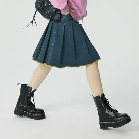 omont蛋挞家 牛仔百褶半身裙女夏季2023新款复古高腰显瘦a字裙子图片