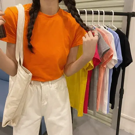 糖果色纯色短袖T恤女学生夏季韩版白色上衣bf风百搭半袖体恤潮商品大图