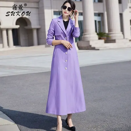 精品风衣2024新品西装领修身收腰长款气质流行紫色外套垂感风衣女商品大图