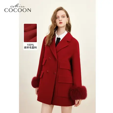 MISSCOCOON2023冬装新款新年战袍翻领双排扣绵羊毛红色毛呢外套图片