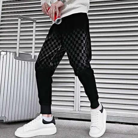 春秋季卫裤男潮牌休闲裤潮流百搭棋盘格子束腿2024新款冬款休闲裤商品大图