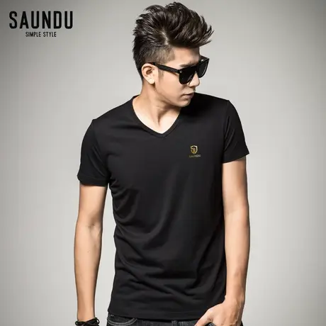 莫代尔短袖t恤男夏季上衣服纯色黑色V领半袖修身夏装男生简约体恤商品大图