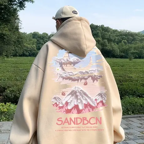 雪山油画印花重磅卫衣男潮牌春秋季连帽情侣美式高街oversize外套商品大图