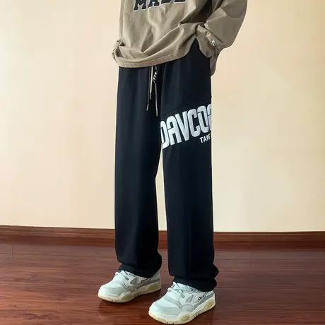 字母印花裤子男春秋美式oversize潮牌高街休闲裤设计感垂感拖地裤图片
