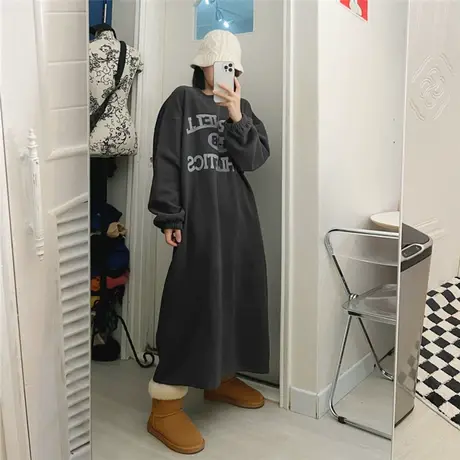 春季新款松紧袖卫衣连衣裙女中长款韩版宽松大码休闲百搭卫衣裙潮图片