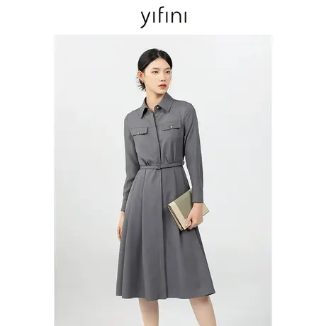 Yifini/易菲气质通勤连衣裙女秋季新款休闲衬衫裙收腰显瘦图片