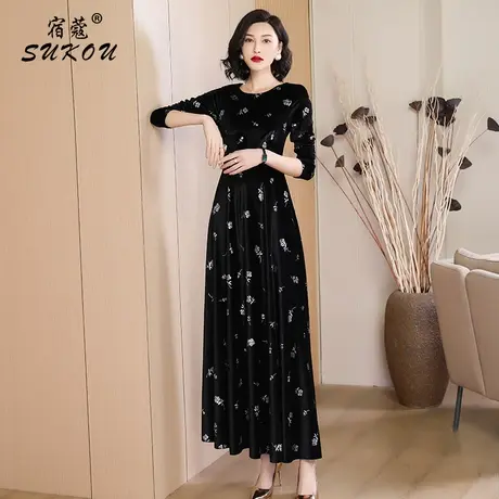 小花朵黑色丝绒连衣裙女2024春新款长袖大摆裙淑女公主气质长裙子图片