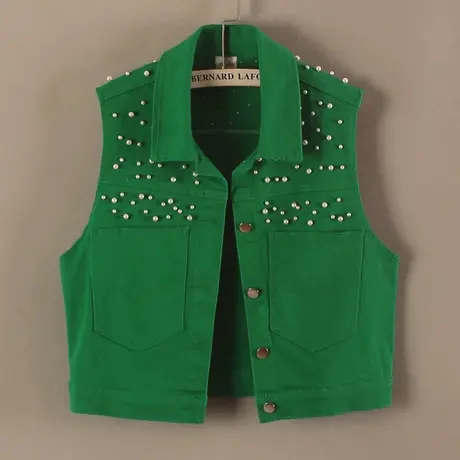 牛仔马甲女背心短款春秋夏宽松新款无袖大码外搭显瘦彩色钉珠坎肩图片