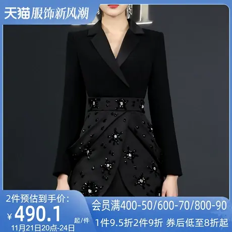 AUI黑色假两件设计感西装外套女2023春秋新款独特小众修身西服裙图片
