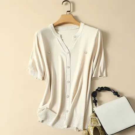 冰丝针织衫短袖t恤女2024春夏新款圆领宽松显瘦薄款打底衫女上衣图片