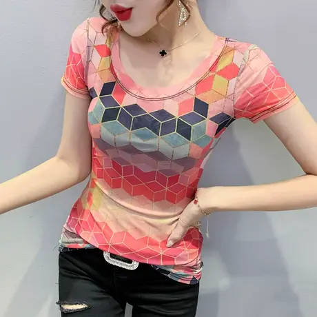 女装2024新款潮时尚印花T恤女短袖夏季修身洋气上衣百搭网纱小衫商品大图