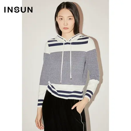 COVER春秋季时尚简约海军风条纹设计连帽卫衣式针织衫图片