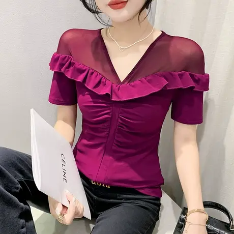 时尚V领荷叶边T恤女短袖2024夏装新款性感镂空上衣网纱拼接小衫潮商品大图