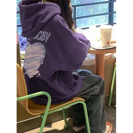 紫色连帽卫衣女秋冬2023新款爆款oversize加绒帽衫女外套宽松上衣商品大图