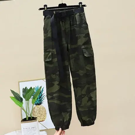 迷彩工装裤女显瘦高腰宽松bf帅气束脚休闲裤军绿色九分哈伦裤子潮商品大图
