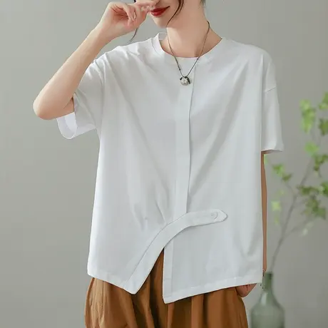 dza不规则纯棉短袖T恤女2023夏白色打底体恤宽松显瘦圆领套头上衣商品大图