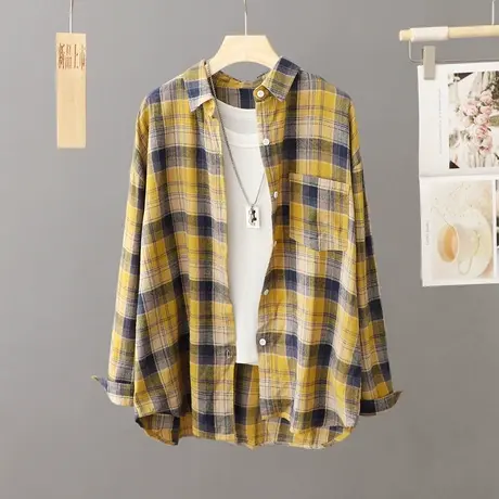 春秋季黄色格子衬衫女外套宽松韩版休闲衬衣开衫2024新款上衣外搭商品大图