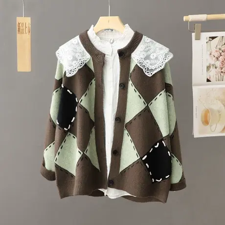 秋冬蕾丝大翻领毛衣外套女宽松菱形针织开衫法式洋气毛衣开衫长袖图片