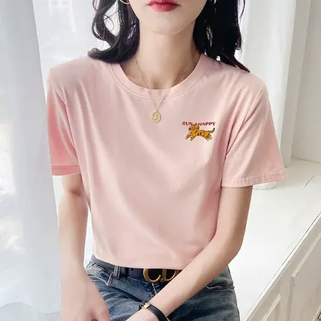 夏装纯棉粉色短袖t恤女士半袖夏季2022年新款宽松遮肚上衣打底衫图片