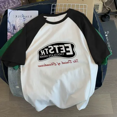 美式复古ins别致设计感拼色短袖t恤女夏港味oversize宽松大码上衣图片