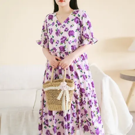 胖妹妹2025夏优雅飘逸紫色法式连衣裙V领五分袖大码宽松裙子商品大图