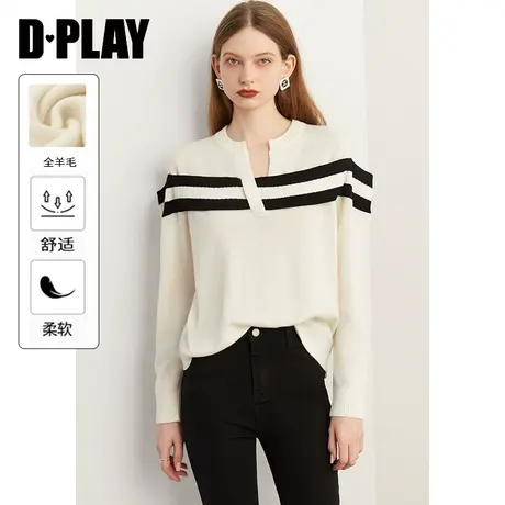 DPLAY2023秋新博主挚爱云朵0压白拼黑V领露肩条纹100羊毛针织毛衣商品大图