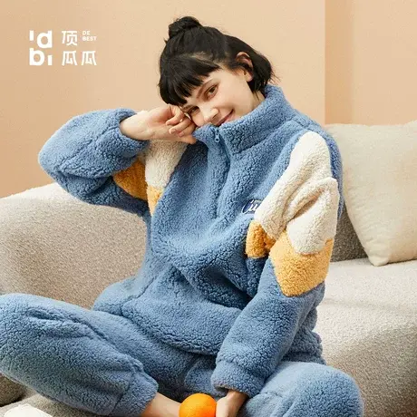 顶瓜瓜睡衣女士秋冬2021年新款羊羔绒开襟家居服套装时尚女保暖商品大图
