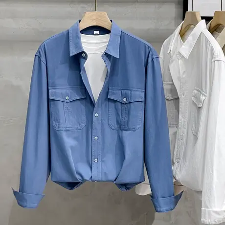 纯棉工装衬衫男长袖休闲男装上衣口袋男士衬衣外套春秋冬2023新款商品大图