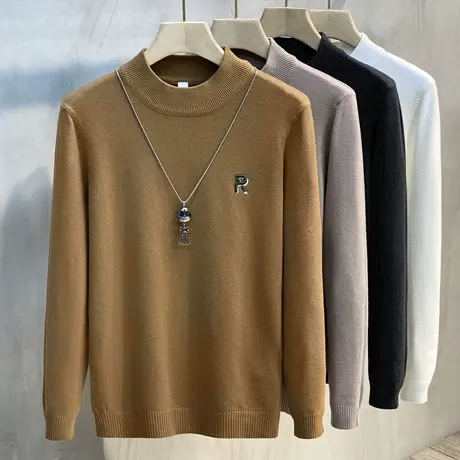 欧货2023秋冬季新款刺绣中领内搭韩版潮流半高领毛衣男针织打底衫商品大图