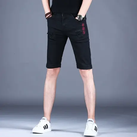 黑色刺绣破洞五分牛仔短裤男款秋冬高档中裤裤子男士弹力马裤修身商品大图