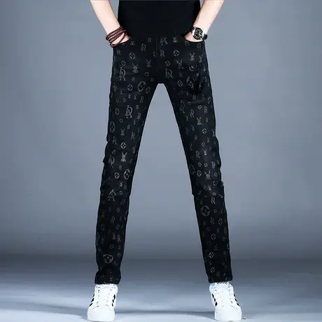 秋冬款裤子男款美式高街印花黑色牛仔裤直筒修身2023新款潮流长裤商品大图