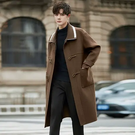 天然牛角扣双面呢大衣男秋冬中长款羊毛大衣男士气质单排扣外套潮图片