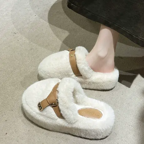 踩屎感网红防滑厚底包头半拖女2024新款外穿配裙子秋冬增高毛毛鞋图片