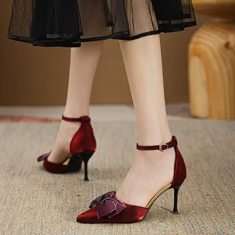 法式气质蝴蝶结单鞋女细跟2024春季新款性感尖头百搭一字带高跟鞋商品大图