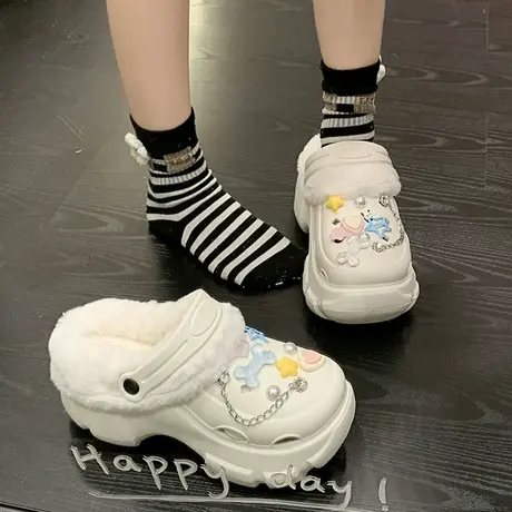 厚底增高毛毛拖鞋女冬天外穿2023新款可爱卡通加绒保暖包头棉拖鞋商品大图