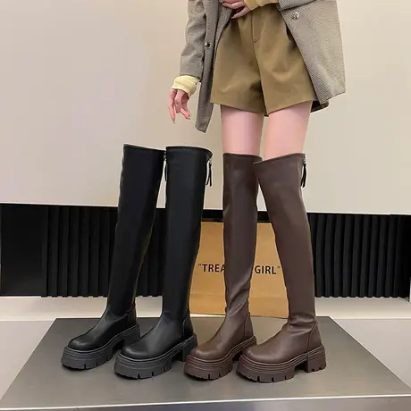 长筒靴女加绒2023冬新款小个子粗跟瘦瘦靴配裙子厚底高跟过膝靴潮图片
