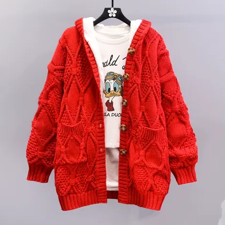 慵懒风新年红色连帽毛衣外套女冬季2023新款宽松加绒加厚针织开衫图片