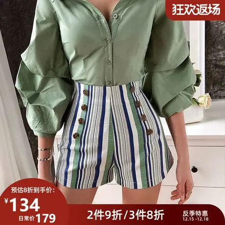 粉红大布娃娃高腰短裤女2021夏季新款双排扣条纹显瘦气质阔腿裤商品大图