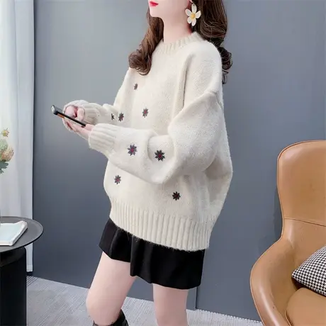 短款小个子刺绣小花圆领毛衣女套头2023新款秋冬宽松洋气软糯上衣商品大图