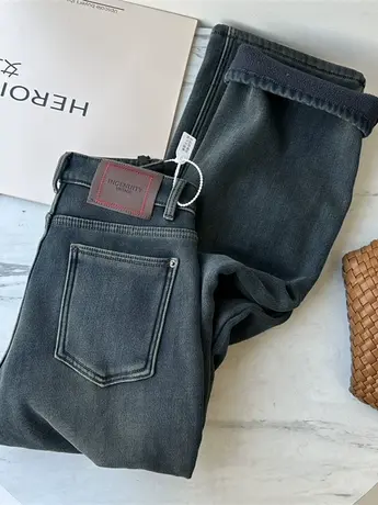 享永子【包容性好遮肉显瘦】中弹直筒阔版牛仔裤加厚植绒复古水洗商品大图