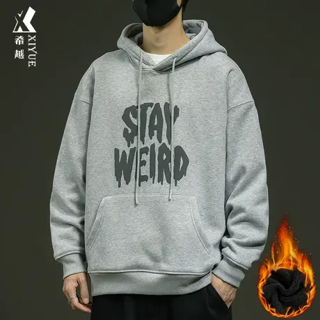 美式加绒加厚卫衣男冬季宽松大码男士摇粒绒连帽外套发泡印花上衣商品大图