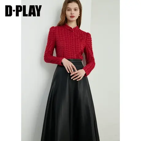 DPLAY2024春新中式复古红国风立领植绒蕾丝衫内搭打底上衣小衫商品大图