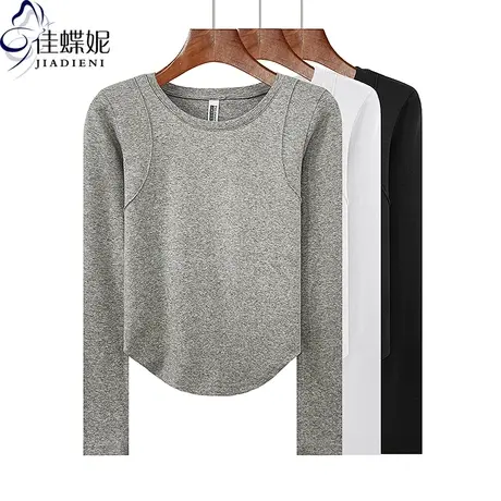 春秋新款圆领修身纯棉纯欲圆弧纯色压线拼接长袖体恤上衣女打底衫商品大图