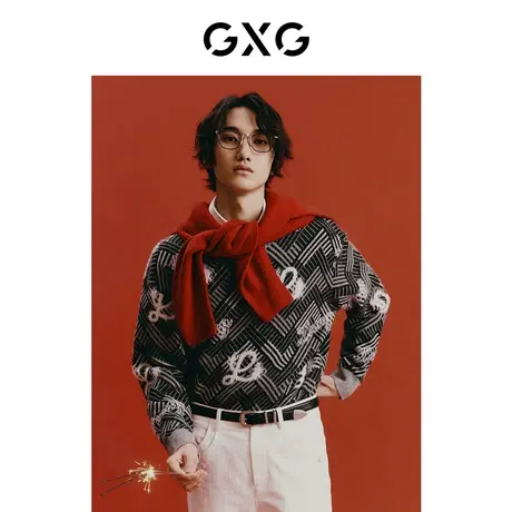 GXG男装 新年系列灰色满身提花宽松圆领线衫针织衫2024春季新品图片