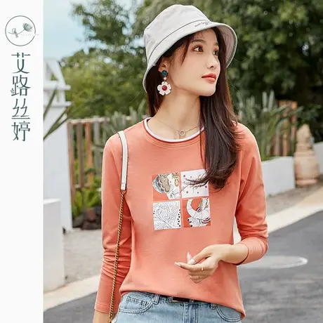 艾路丝婷纯棉抽象印花长袖T恤女2023春秋新款打底衫撞色圆领上衣商品大图