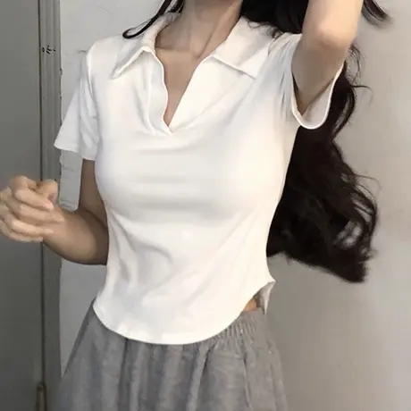 小个子短款半袖V领POLO衫短袖T恤女早春夏装修身纯棉打底衫上衣潮商品大图