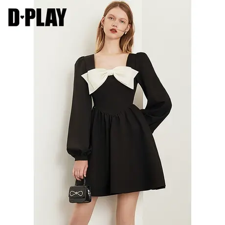 DPLAY2022年秋制撞色蝴蝶结装饰连衣裙气质方领小黑裙复古小礼服图片