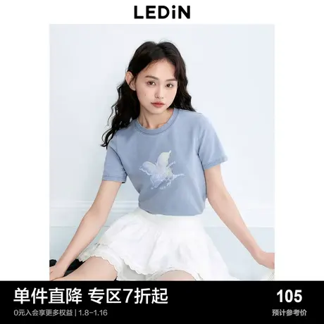 乐町新品蝴蝶修身正肩短袖T恤秋季新款女装短款甜辣小上衣女商品大图