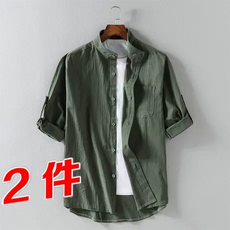 男装日系复古亚麻短袖衬衫男士潮牌七分袖胖子加大码韩版潮流衬衣商品大图